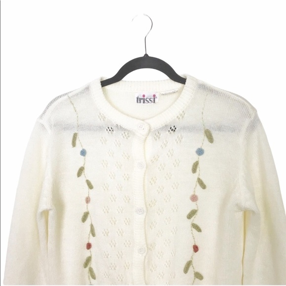 Vintage Trissi Ivory Floral Eyelet Knit Cardigan - Picture 2 of 6